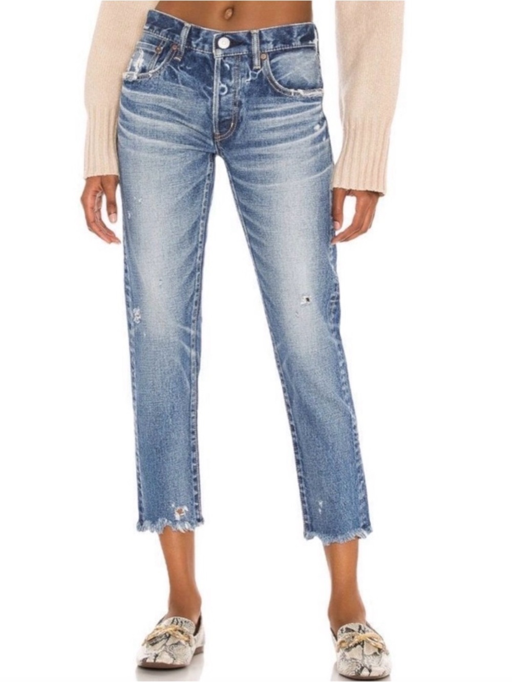 Moussy Light Blue Tapered Jeans with Distressed Details